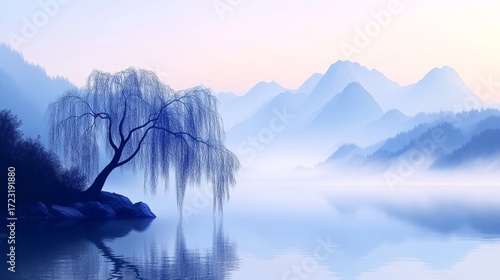 Tree is standing in front of a body of water. The water is calm and the sky is blue. The scene is peaceful and serene