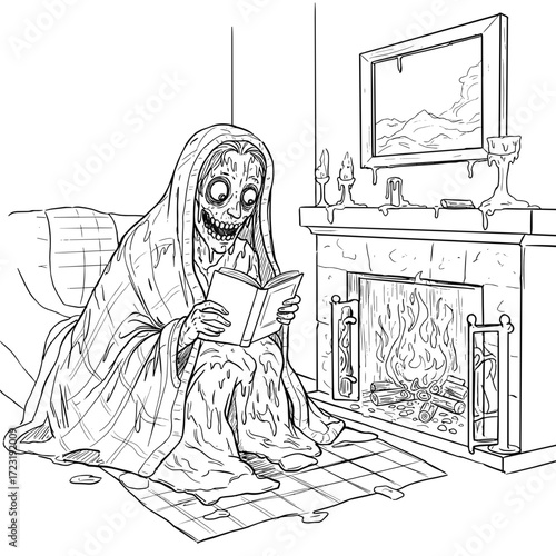 Skeleton reading a book while sitting by the fireplace in autumn  