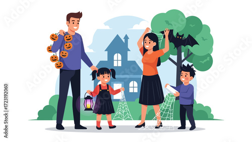 Happy Halloween Family: A family is preparing for Halloween at their decorated house, with all sorts of things around it. 