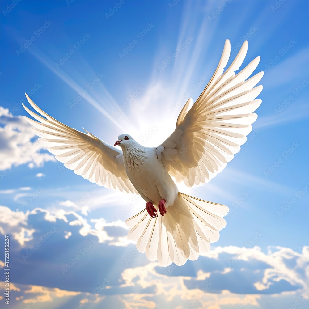 Obraz premium White dove soaring, sun rays