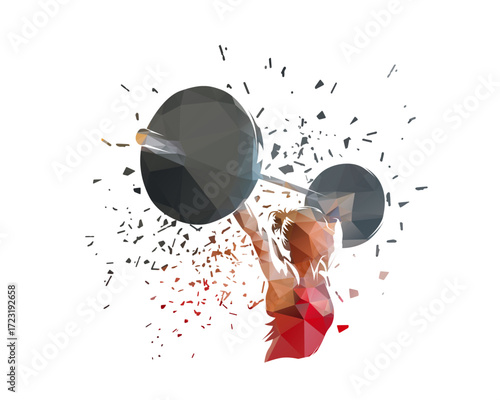 Weight lifting, woman lifting big barbell, bodybuilding. Isolated vector low poly illustration, dispersion effect, female bodybuilder logo