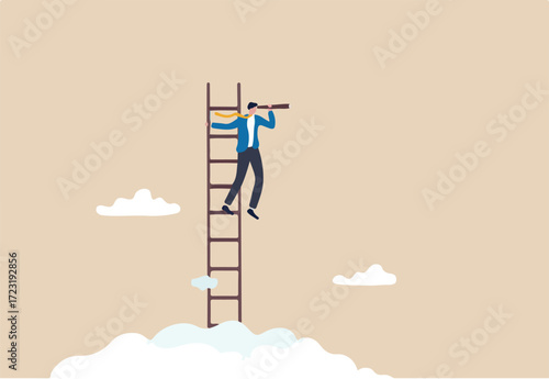 Success ladder for business opportunity, looking for new job or career path, leadership discovery or searching for success concept, smart businessman climb up ladder look through telescope visionary.