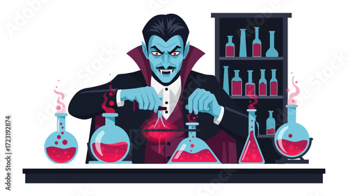 Spooky Experimentation: An illustration of a sinister figure in a lab coat, intently mixing bubbling potions in glass flasks, illuminated by eerie light.