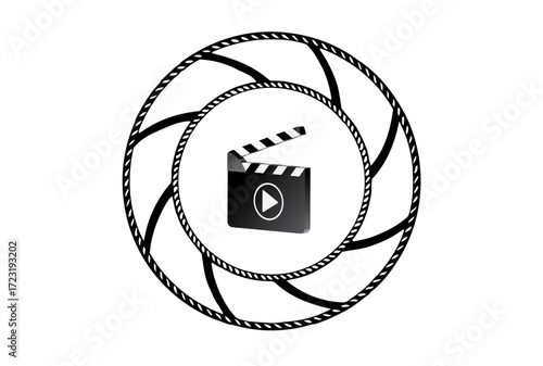 3d clapper board, 35mm round film reel vector design isolated on white. 3d filmstrip movie production icon illustration to use for motion picture, television, cinema, film project.