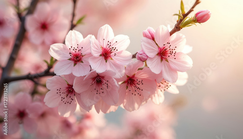 Closeup on branch with pink flowers with soft light. Blooming fruit tree branch. Spring blossom. Floral design element, invitation, background, greeting card, romantic theme. Artistic botanical