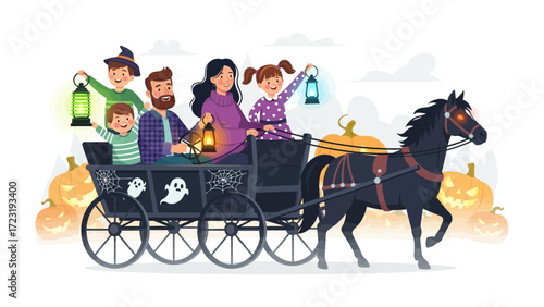 Halloween carriage Family: A festive Halloween family joyfully rides in a horse-drawn carriage, a heartwarming illustration that captures the spooky yet friendly spirit of the holiday. 
