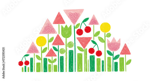 A charming and abstract digital illustration depicts a vibrant garden of geometric flowers, leaves, and ripe red cherries, evoking a cheerful spring or summer mood.