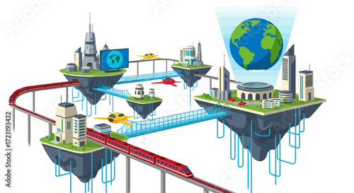 This vibrant vector illustration portrays a futuristic urban landscape with interconnected floating islands, advanced transportation, and global digital networking.