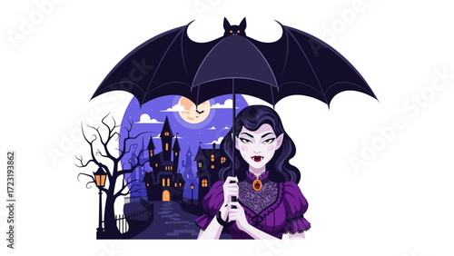 Enigmatic Aura: A captivating illustration of a woman in a dark attire with her umbrella on a spooky night, a fantasy scene perfectly captures the essence of a haunting Halloween theme.