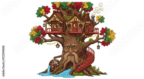 A fantastical treehouse with a wise old tree spirit, featuring charming details like a watermill and a winding staircase, rendered in a vibrant illustration style.