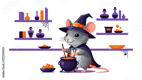 Whimsical Witch's Brew: A charming illustration of a mouse dressed as a witch, stirring a potion in a cauldron, surrounded by spooky decor and magical elements.