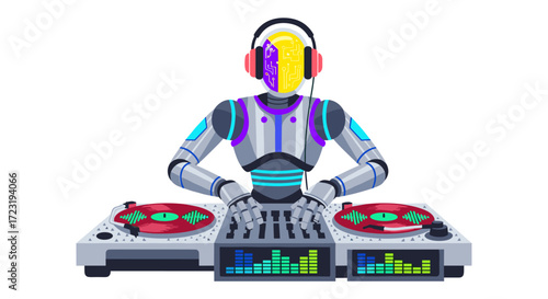 A vibrant illustration depicts a futuristic robot disc jockey wearing headphones, expertly mixing tracks on turntables, symbolizing advanced entertainment technology.
