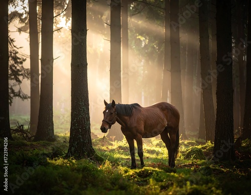 A horse in a sunlit forest