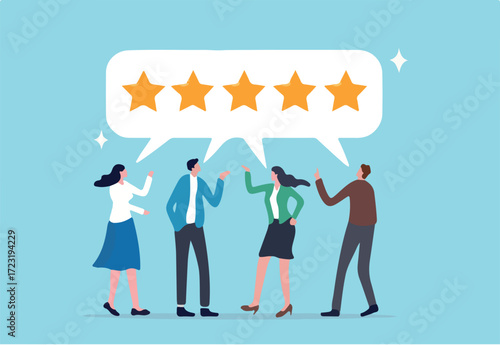 Customer loyalty, consumer satisfaction giving 5 stars rating feedback, best user experience or trust to use service again concept, various customer people giving 5 stars review for quality service.