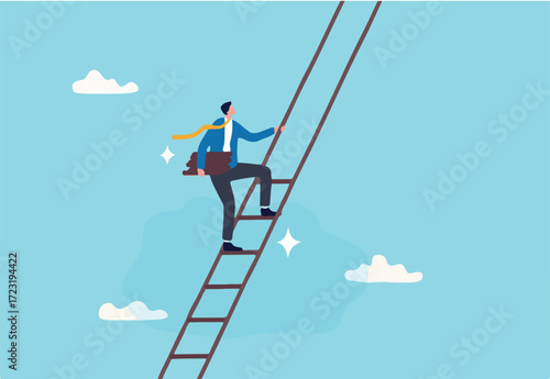 Build ladder of success, develop stair to improve opportunity, career path or job achievement, growth step to progress overcome challenge concept, businessman build ladder of success to climb up.