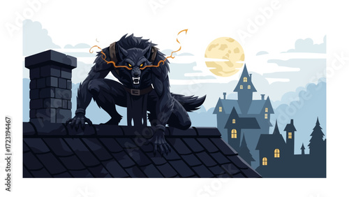 Werewolf's Vigil: A menacing werewolf stands guard atop a rooftop, with the full moon as its backdrop in this captivating illustration.
