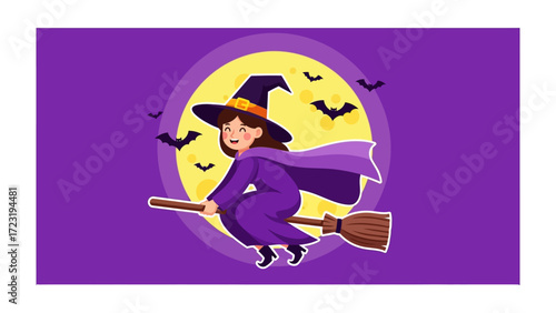 Enchanting Witch's Flight: An illustration showcases a smiling witch, soaring across the moonlit sky on her broom, surrounded by fluttering bats, conjuring a sense of magic and playful mystery.