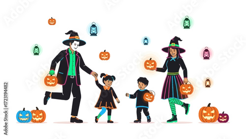 Halloween Family Fun: An illustration depicting a family of four in festive Halloween costumes, joyfully trick-or-treating and celebrating the spooky holiday with pumpkins and lanterns.