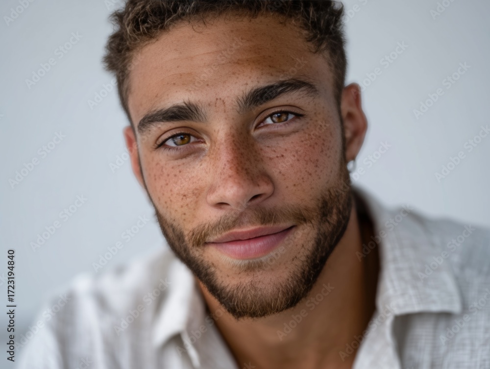 Obraz premium A man with freckles on his face looking at the camera