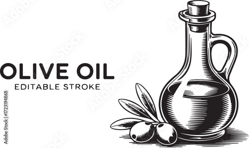 Vector art of vintage olive oil bottle, with olive branch