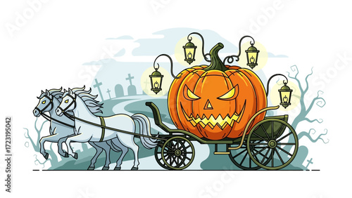 Enchanted Carriage: A whimsical illustration depicts a Halloween pumpkin carriage led by a pair of ghostly white horses on a spooky pathway, the carriage's face illuminated by glowing lanterns.