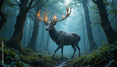 Enchanted dark forest with noble stag looking back, illuminated by teal light, ideal for fairytale storytelling and fantasy character scenes.