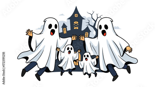 Spooky Family in the Shadow of a Haunted House: A cartoon family of ghosts, enveloped in flowing white sheets, expresses surprise as they gather before a foreboding haunted mansion.