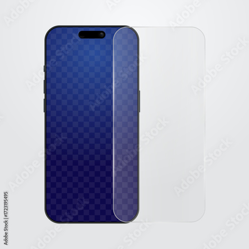 Realistic smartphone with screen protector film or glass cover. Transparent tempered screen protect glass for mobile phone display protection. Clear protective screen vector illustration for technolog