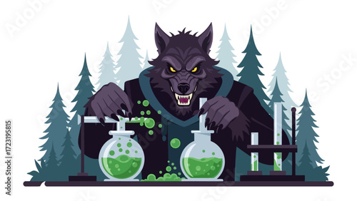 The Alchemist Werewolf: A sinister alchemist werewolf conducting a bubbling experiment. His sharp eyes peer out as he leans over the experiment glass and tests the bubbling green poison!