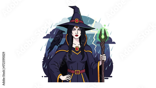 Mystic Witch and the Dark Omen: An enigmatic witch, cloaked in mystery, commands the elements under a foreboding sky. A dark omen on her shoulder, her gaze holds a promise of otherworldly power.