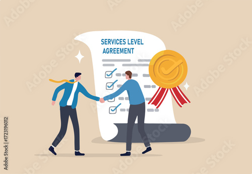 SLA service level agreement, commitment or support contract for uptime, availability or resolution for service problem, guarantee concept, businessman handshake with SLA checklist contract agreement.