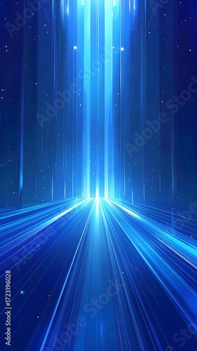 Bright blue light beams converge on a path