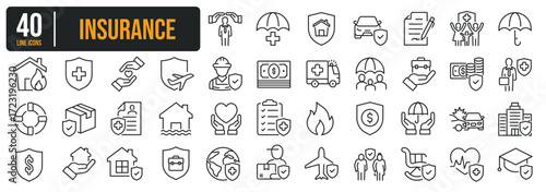 Set of collection thin line icons related Insurance, Protection. The icon can be used for website, infographic, user interface, app, banner, logo, brochure etc transparent background