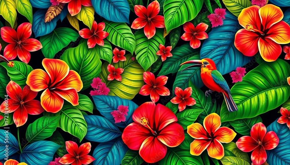 Fototapeta premium Vibrant tropical leaves, hibiscus flowers, and exotic birds in a repeating pattern, illustration, banner