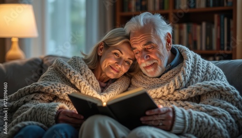 Loving senior couple reads book in cozy home, sitting on sofa under warm blanket. Elderly man, woman enjoy leisure. People spend time at home, happiness together. Warm light creates comfortable