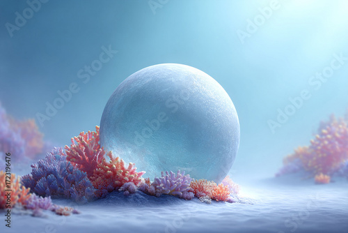 Surreal scene of a large sphere resting on a seabed, surrounded by vibrant corals. Evokes mystery, nature,  serenity. Great for backgrounds, concepts, or artistic projects.