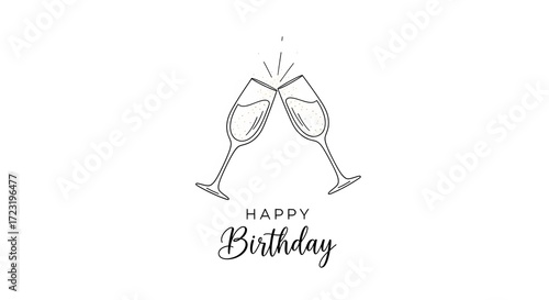 Minimalist Happy Birthday Illustration with Champagne Toast – Elegant Celebration Greeting Design