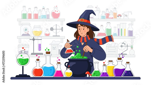 Potion Maker's Laboratory: A young alchemist, draped in mystical attire, masterfully concocts a potent potion within a whimsical laboratory, conjuring a scene of magic and mystical intrigue.