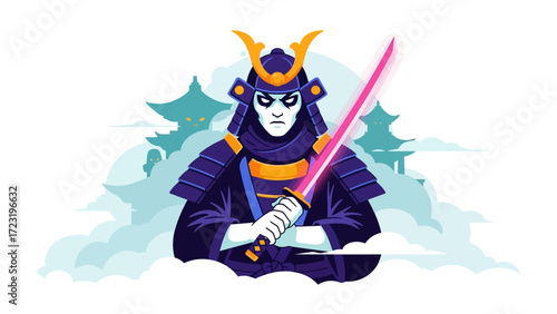 The Art of the Ronin: An artful representation of a samurai warrior, embodies the spirit of the samurai, against a backdrop of traditional Japanese architecture and serene clouds.