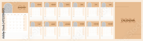 2026 Calendar 12 month template vertical pages set. Week starts on sunday english planner for the year. 