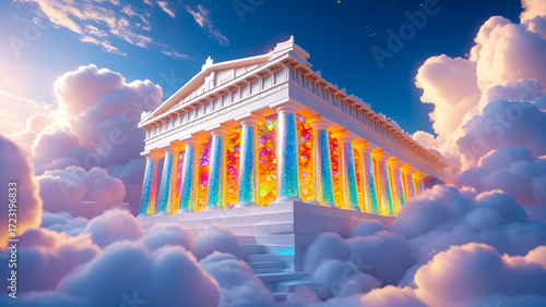 Majestic White Ancient Greek Temple With Colorful Columns Bathed In Ethereal Light Amidst Fluffy Clouds