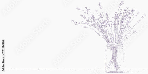 Lavender branches in a jar. Simple silhouette with noisy surface faint scratches and threshold fade. Speckled grain with dry ink texture and subtle paper dust.