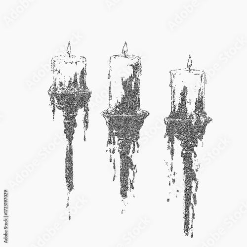 Three burning candles. Abstract shape with dusty grain, soft ink scratches, and scattered speckle. Rough texture with vintage paper marks and subtle threshold noise.