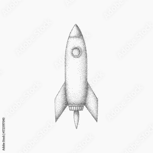 Rocket drawing in minimalist style, gritty lines and paper grain, dusty background with stipple texture and faded vintage imperfections.