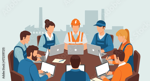 Flat design vector illustration of factory workers and an electrician discussing around a table with laptops in a teamwork meeting concept