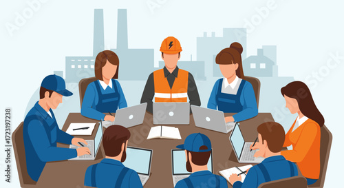Flat design vector illustration of factory workers and an electrician discussing around a table with laptops in a teamwork meeting concept