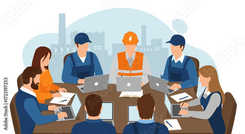 Flat design vector illustration of factory workers and an electrician discussing around a table with laptops in a teamwork meeting concept