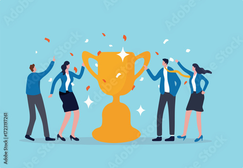 Team success recognition, reward for teamwork to achieve business goal, victory for coworkers to complete work mission concept, happiness success businessmen and women team holding winning trophy cup.