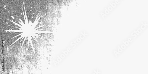 Background with shining star and grainy noise, faded paper surface with dusty texture and gritty speckles, vintage ink outline with retro atmosphere.