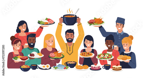 Flat design vector illustration of people gathered around a round table, enjoying food and drinks with diverse dishes and one person in business attire